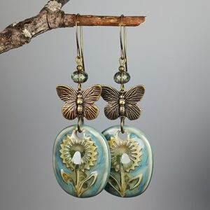 HAND CRAFTED Boho Ceramic Turquoise Green Flower Butterfly Dangle Earrings
